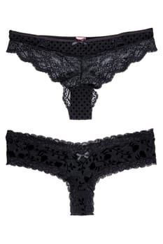 Underwear woman isolated. Collage set of two luxurious elegant black lacy thongs panties isolated on a white background. Clipping path. Underwear fashion.