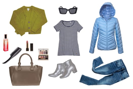 Collage set of woman spring summer clothes isolated. Female girls clothing collection. Women fashion clothing outfit. Jeans, shoes, jumper, jacket, accessories wear.