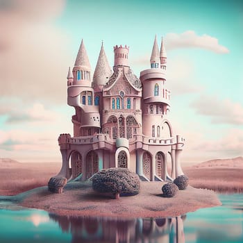 Fairytale dreamlike castle by the sea in pastel colors, magical and mystical medieval kingdom, generative AI