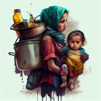 Young mother with child, overloaded with heavy backpack with cooking items, escape from war, social issue, generative AI