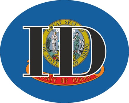 Sign of state of Idaho for sticking on glass of car on background of American flag. Sign of Idaho on USA flag. vehicle badge. Abbreviation for the state of Idaho. car sticker. Abbreviation ID
