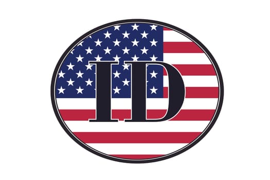 Sign of state of Idaho for sticking on glass of car on background of American flag. Sign of Idaho on USA flag. vehicle badge. Abbreviation for the state of Idaho. car sticker. Abbreviation ID