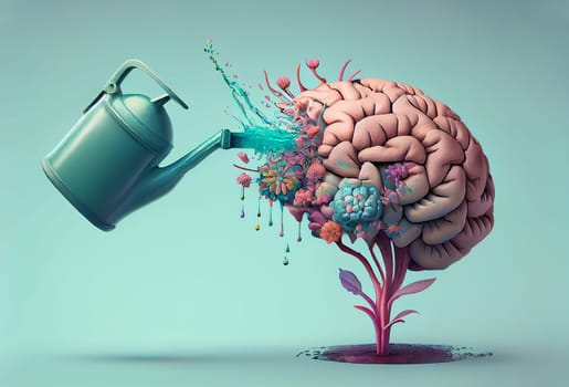 Human brain growing from a flower, watering can is pouring water on the mind, mental health concept, positive attitude, creative thinking, generative AI