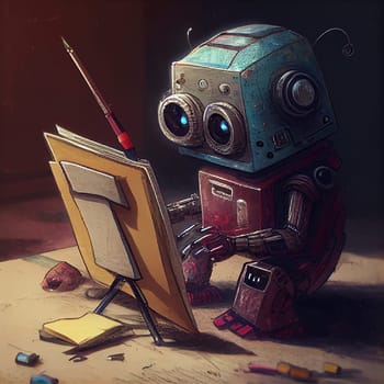 Artificiial intelligence robot drawing a picture, cyborg artist replacing humans, futuristic technology, generative AI