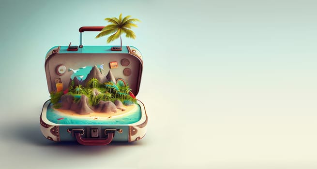 Suitcase with an island, sand beach and tropical palm trees, summer holiday feeling, travel concept, generative AI
