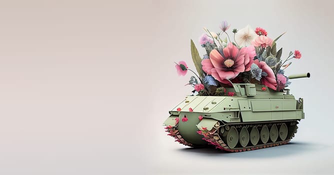 Army tank with flowers, peace symbol, ceasefire, end of war, generative AI