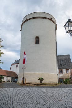 Observation Tower at veste Otzberg, Odenwald, view from low angle with castle courtyard, cloudy day, germany