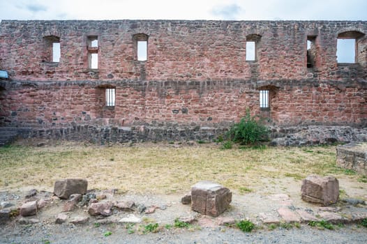 Old Wall of castle veste Otzberg, castle courtyard in front, cloudy day, odenwald, germany