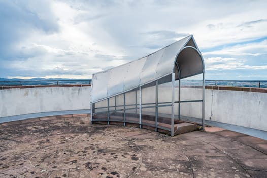 Top of the observation Tower at Veste Otzberg during cloudy day, staircase with canopy