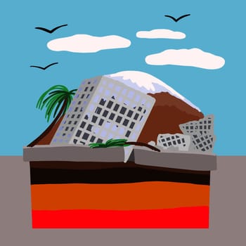 Earthquake. Natural disaster. Movement of tectonic plates illustration. The break of the road, the building collapses and falls into the break.