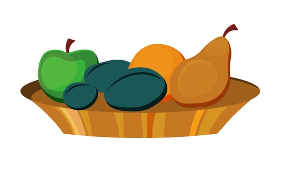 Still life isolated on white background. Fruit platter. Pear, plums and tangerines.