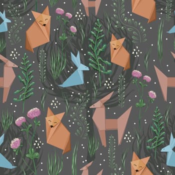 Seamless origami pattern. Paper animals. Modern seamless craft paper ornament.Colorful children's pattern with animals.Endless design