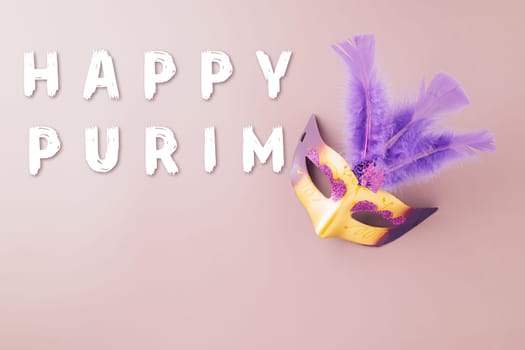 Venetian mask, Carnival mask for Mardi Gras celebration isolated on purple background banner design with copy space, jewish holiday, Purim in Hebrew holiday carnival ball, Happy Purim carnival concept