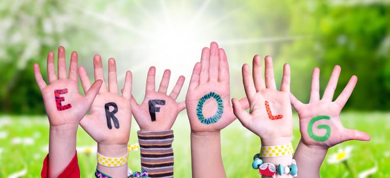 Children Hands Building Colorful German Word Erflog Means Success. Sunny Green Grass Meadow As Background.