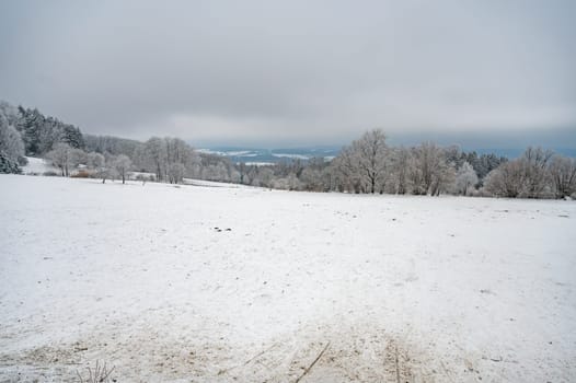 Beautiful snow landscape background with meadow and forest during cloudy day in the winter, Neunkircher Hoehe Odenwald, Darmstadt
