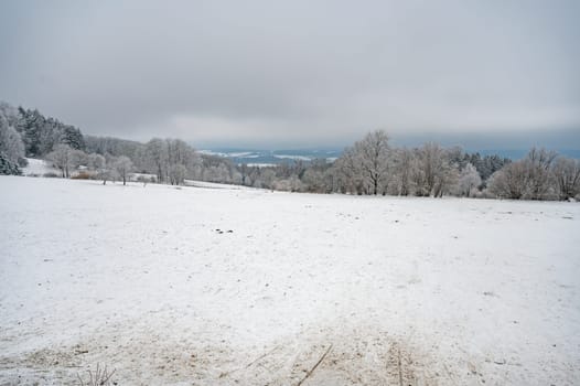 Beautiful snow landscape background with meadow and forest during cloudy day in the winter, Neunkircher Hoehe Odenwald, Darmstadt
