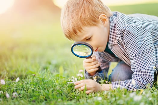 Boy with magnifying glass exploring the nature. Concept of the learning ecology and vacation.