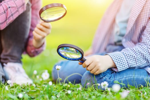 Children exploring fresh nature by using magnifying glasses. Concept of the family, vacation and recreation.