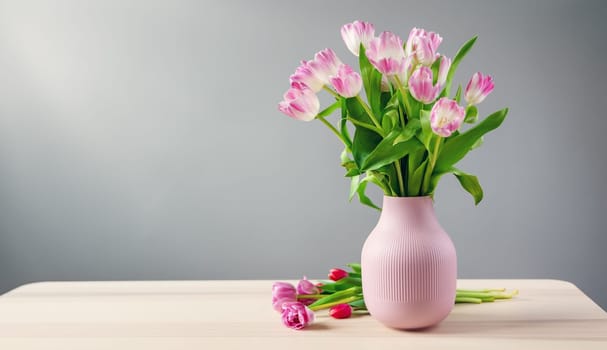 A bunch of tulips in pink vase standing on the wooden table. Concept of the easter and Mother's day.