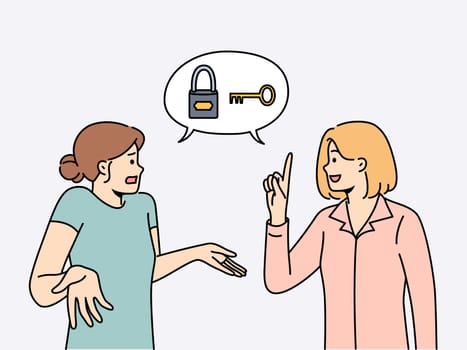 Female colleagues brainstorm look for answer together. Woman help confused coworker with problem solution. Teamwork. Vector illustration.