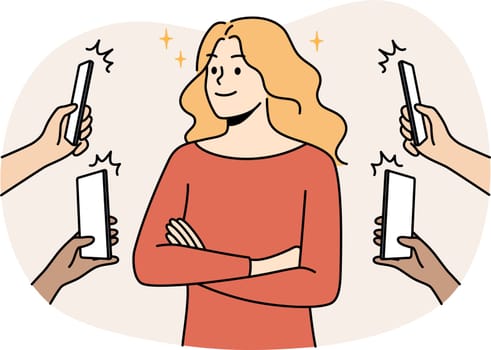 Numerous people with cellphones photograph smiling confident woman. Happy female celebrity photographed with smartphones social media. Vector illustration.