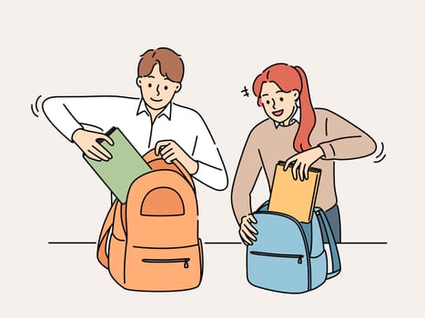 Smiling students pack backpacks in school or college. Happy pupils put books in bags finish classes in institution. Education. Vector illustration.