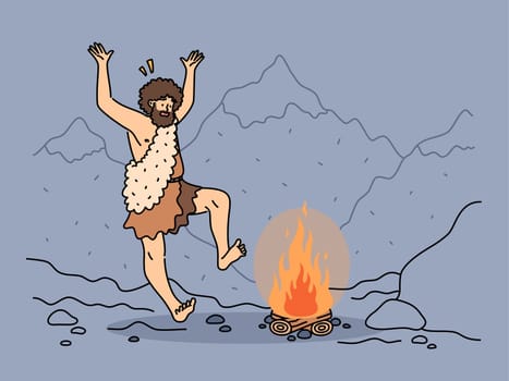 Indigenous man dancing near fire in nature. Tribal male ancestor near campfire in mountains landscape. Vector illustration.