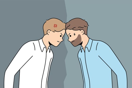 Furious male employees stand against each other. Mad men rivals or competitors having fight or misunderstanding. Rivalry and competition. Vector illustration.
