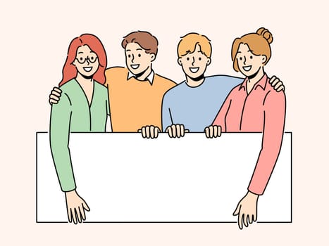 Smiling people holding mockup poster showing good deal or offer. Happy men and women with white empty poster with copy space. Vector illustration.