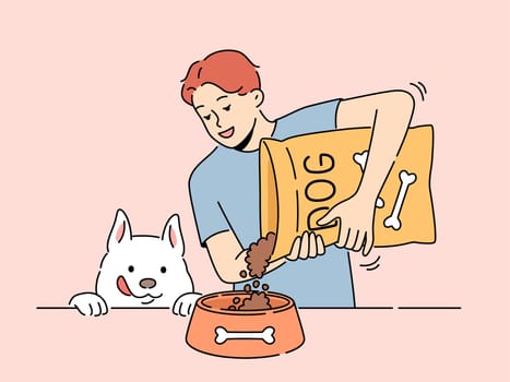 Smiling man giving food from package to excited dog. Happy guy feed pet with packaged meal. Vector illustration.
