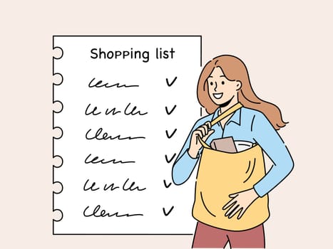 Smiling woman with shopping list doing groceries. Happy female with bag full of products check items in buying plan on paper. Vector illustration.