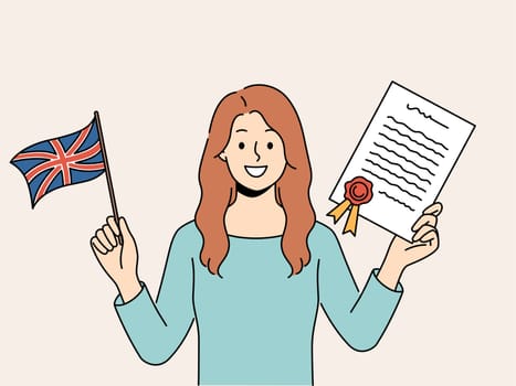 Smiling woman hold graduation certificate and UK flag in hands. Happy female with document teach English language. Education. Vector illustration.