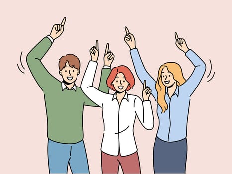 Happy people dancing together enjoying Friday. Smiling businesspeople or employees have fun at workplace. Vector illustration.