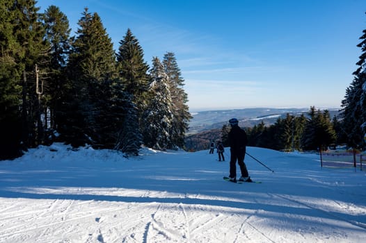Ski slope on the Wasserkuppe with skiers, with blue sky and trees