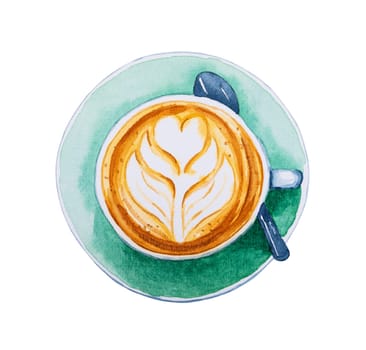 Cappuccino coffee with latte art flower shape rosetta in green ceramic cup with saucer and spoon. Watercolor hand drawn illustration isolated on white background.