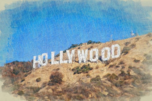 Creative illustration with artistic watercolor design - Hollywood sign in Los Angeles