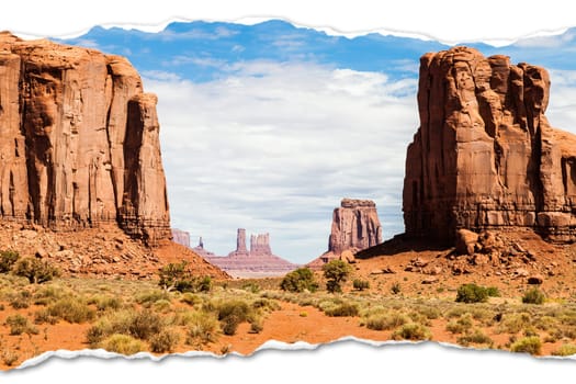 Creative picture of Monument Valley in USA - scenic red landscape with blue sky