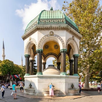 Istanbul, Turkey - August 30, 2022: German Fountain, or Alman Cesmesi, a gazebo styled fountain in the northern end of old hippodrome, or Sultanahmet Square
