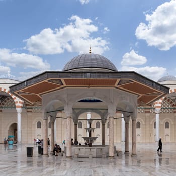 Istanbul, Turkey - September 1, 2022: Ablution fountain at the courtyard of Grand Camlia Mosque, or Buyuk Camlica Camii, a modern Islamic complex, built in 2019, located in Camlica hill, Uskudar