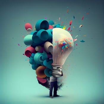 Creative light bulb, explosion of ideas, colorful splashes, brainstorming for solutions, smart brain, generative AI