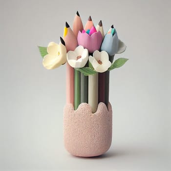 Colorful pencils with flowers standing in pen holder, drawing supplies, creative concept, positive attitude, generative AI