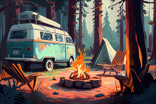Wanderlust camping adventure in the forest with camper van, fire place and tent