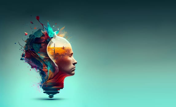 Man with creative light bulb, explosion of ideas, colorful splashes, brainstorming for solutions, smart brain, generative AI