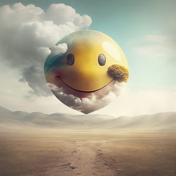 Big yellow head with a smiling happy face in the sky, mental health concept, positive mindset, support and evaluation symbol, generative AI