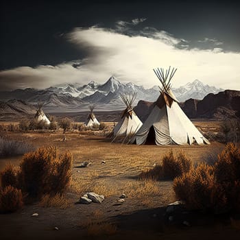 AI generated native american camp site with mountain landscape and clouds in the sky