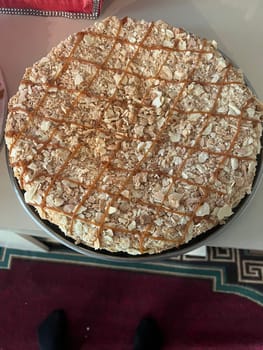 Coffee cake on the table in coffee shop. Top view