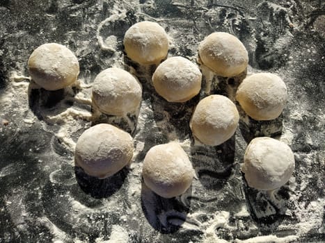 Round pieces of shortbread dough for making cookies or gingerbread. Raw buns or dumplings with scattered flour around on black background.