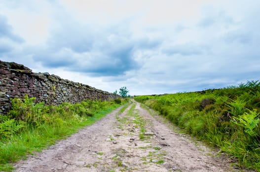 Empty lane with stone fences in Lancashire countryside, UK