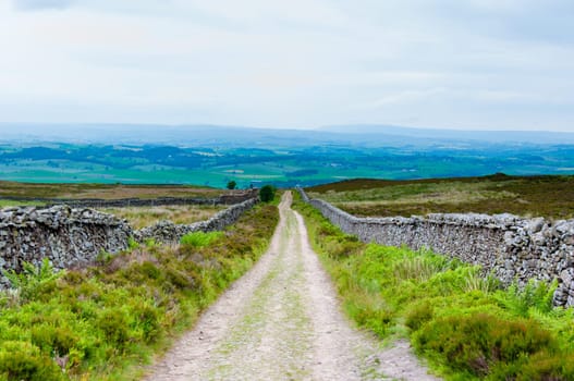 Empty lane with stone fences in Lancashire countryside, UK