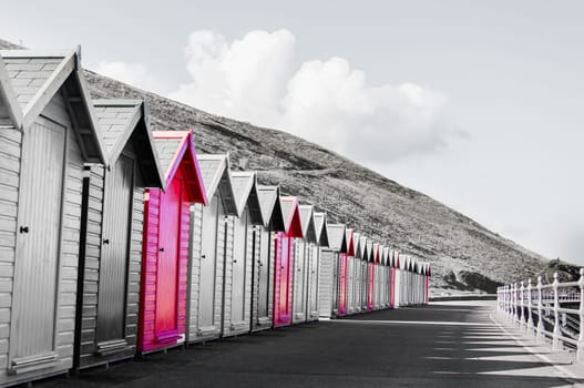 View of colorful beach huts, summer vacation concept,black and white